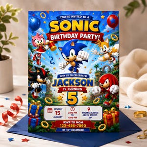 May include: A rectangular Sonic birthday party invitation card featuring Sonic, Amy Rose, Tails, Shadow, and Knuckles. The text reads: YOU'RE INVITIED TO A SONIC BIRTHDAY PARTY! JOIN US TO CELEBRATE! JACKSON IS TURNING 5. Includes date, time, location, and RSVP info.