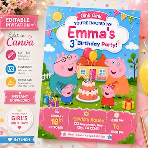 Puede incluir: Una plantilla de invitación de cumpleaños digital con personajes de Peppa Pig, un pastel de tres niveles y globos. El texto dice: Oink Oink, YOU'RE INVITED TO! Emma's 3rd Birthday Party! Sunday 18th October, Olivia's House, 123 Anywhere, Any City, CA 12345.