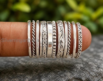 Set di 12 anelli impilabili in argento sterling, sottili e testurizzati, anello minimalista e delicato, realizzato a mano.