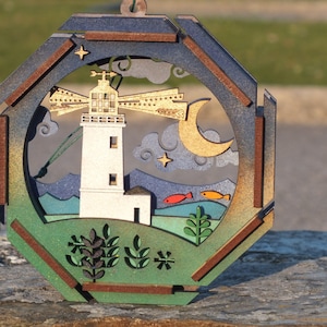 Lighthouse, diorama octagon, cornwall, laser cut layered wooden wall art