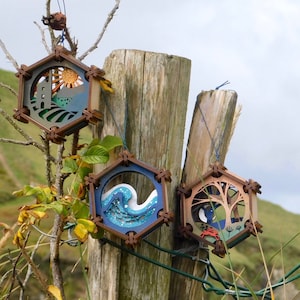 Hanging Hexagons: Seas, Trees & Cornish Cathedrals wave, woodland walk, engine house ornament, laser cut image 1