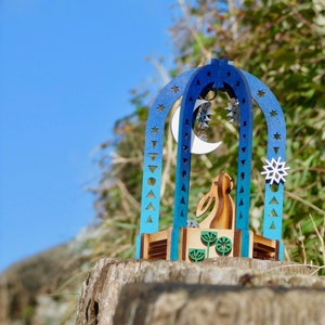 moon gazing hare turning decoration “No-Snow Globe” automata laser cut / lasercut MDF