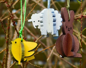 Critters: tiny bunny / chick / sheep (set of 3) hanging easter decoration/ornament, lasercut egg-hunt alternative
