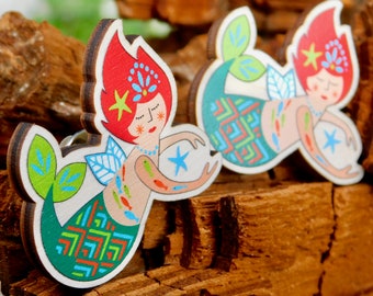 wooden mermaid merfairy pin badge, brooch seaside laser cut / lasercut birch plywood