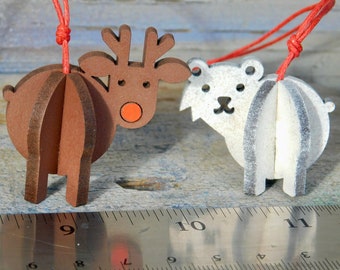 Critters: tiny reindeer / polar bear / snowman / penguin / robin (set of 5) hanging christmas decoration/ornament, cracker filler lasercut