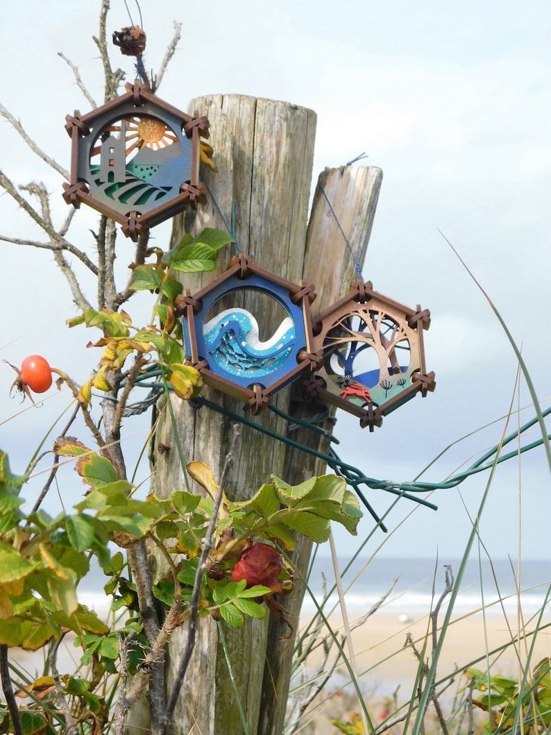 Hanging Hexagons: Seas, Trees & Cornish Cathedrals wave, woodland walk, engine house ornament, laser cut image 10