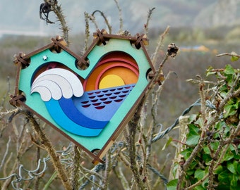 heart-shaped hanging box frame. laser cut valentine. sea of love waves / lasercut MDF