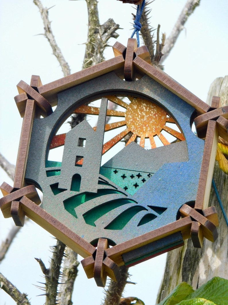 Hanging Hexagons: Seas, Trees & Cornish Cathedrals wave, woodland walk, engine house ornament, laser cut Cornish Cathedrals