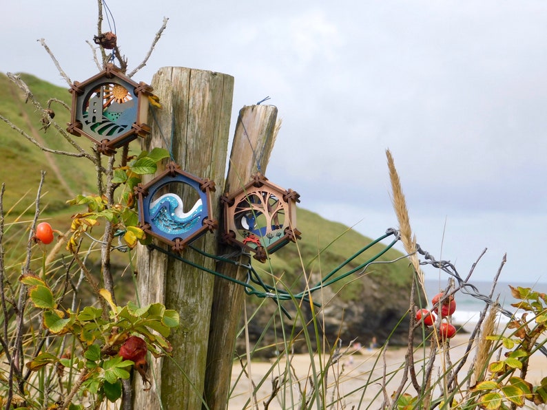 Hanging Hexagons: Seas, Trees & Cornish Cathedrals wave, woodland walk, engine house ornament, laser cut image 1