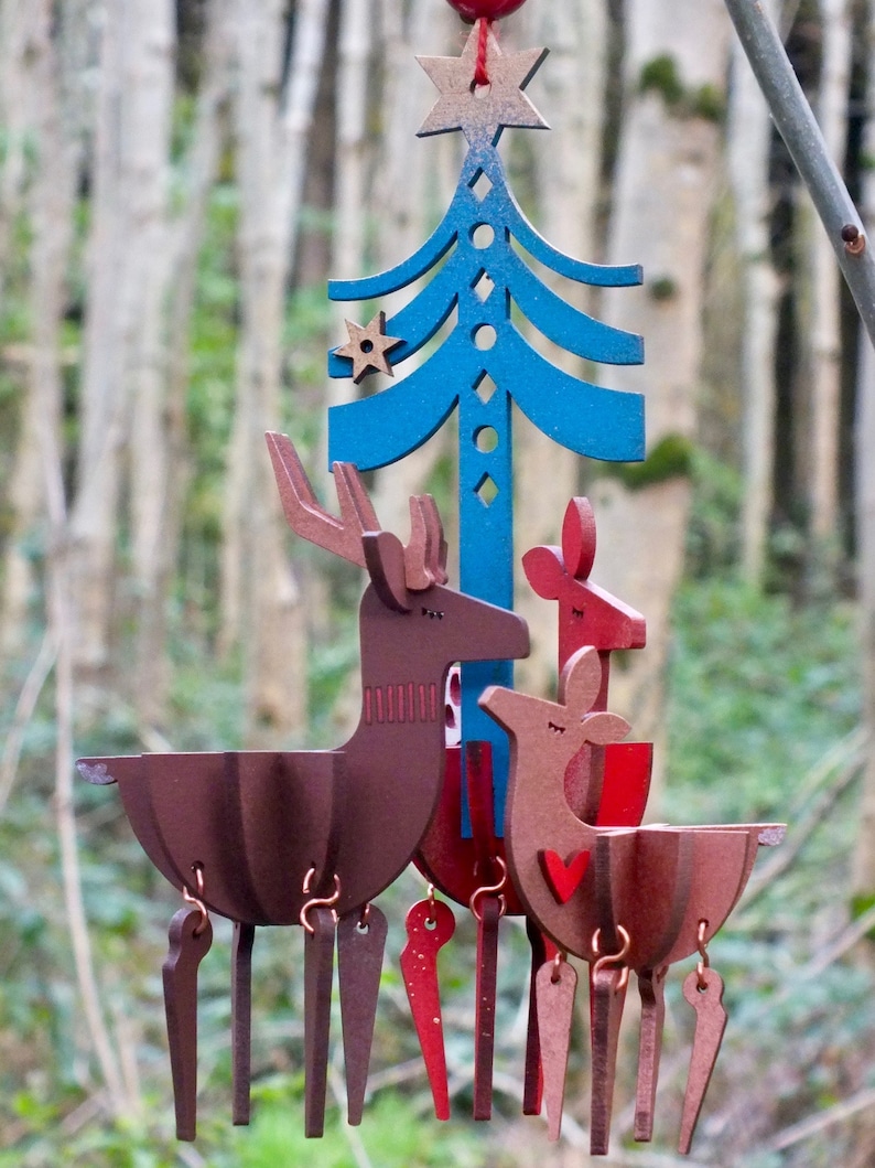 Dancing deer family, hanging Christmas decorations, laser cut / lasercut mdf family with tree