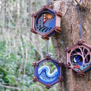 Hanging Hexagons: Seas, Trees & Cornish Cathedrals wave, woodland walk, engine house ornament, laser cut Any three