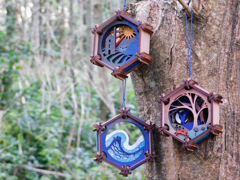 Hanging Hexagons: Seas, Trees & Cornish Cathedrals wave, woodland walk, engine house ornament, laser cut Any three