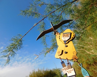 fisherman, fish and flying seagull hanging decoration, laser cut / lasercut mdf