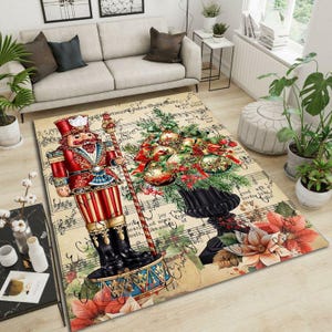 May include: A rectangular area rug featuring a festive Christmas theme. The rug showcases a detailed illustration of a nutcracker soldier, a decorated Christmas tree, and musical notes. The color palette includes red, green, gold, and beige, creating a warm, inviting feel.