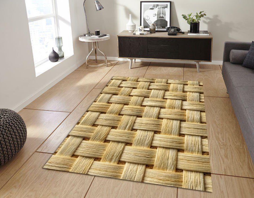 Woven Straw Area Rug, Rattan Texture Carpet, Boho Natural Fiber Rug ...