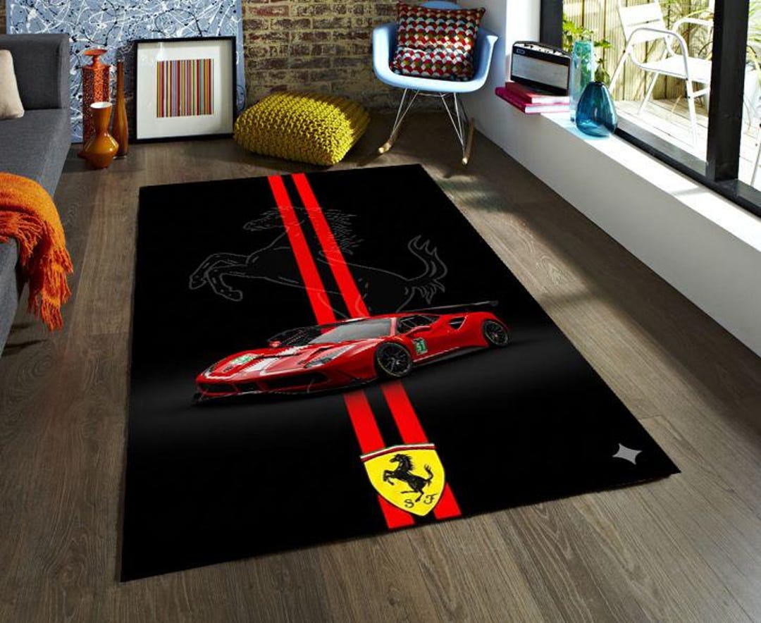 Ferrari Racing Rug, Red Supercar Carpet, Luxury Sports Car Area Rug ...