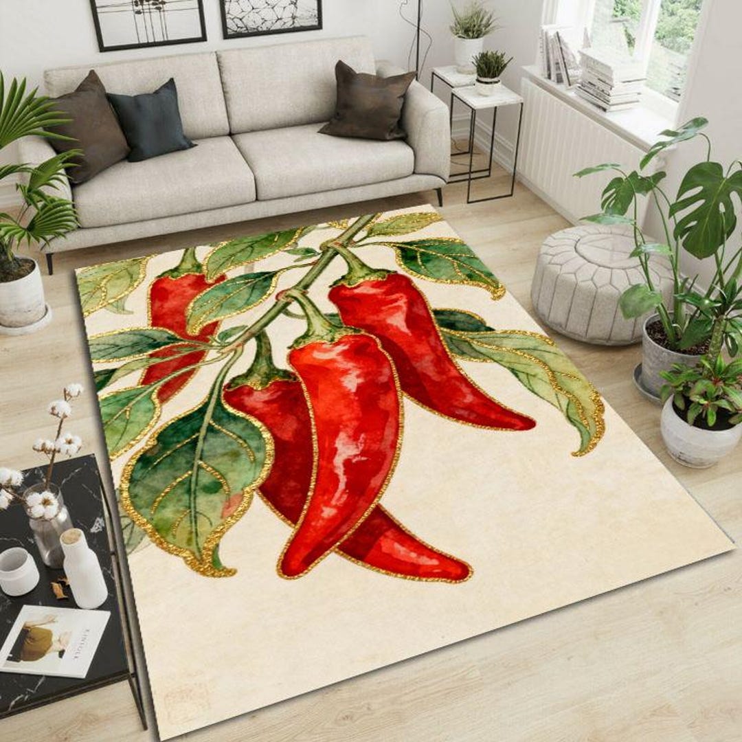 Red Chili Pepper Rug, Watercolor Botanical Carpet With Gold Accents ...