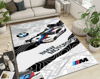 Tappeto da corsa BMW Motorsport, tappeto da pista di lusso per auto, tappeto da auto ad alte prestazioni, arredamento moderno per la caverna dell'uomo, regalo per gli amanti delle auto