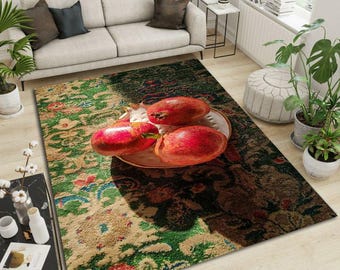 Granatapfel Orientteppich, Türkischer Teppich, Stillleben, Boho Obst Kunst Teppich, Vintage Anatolische Dekoration, Sonnenbeschienener Granatapfel Teppich