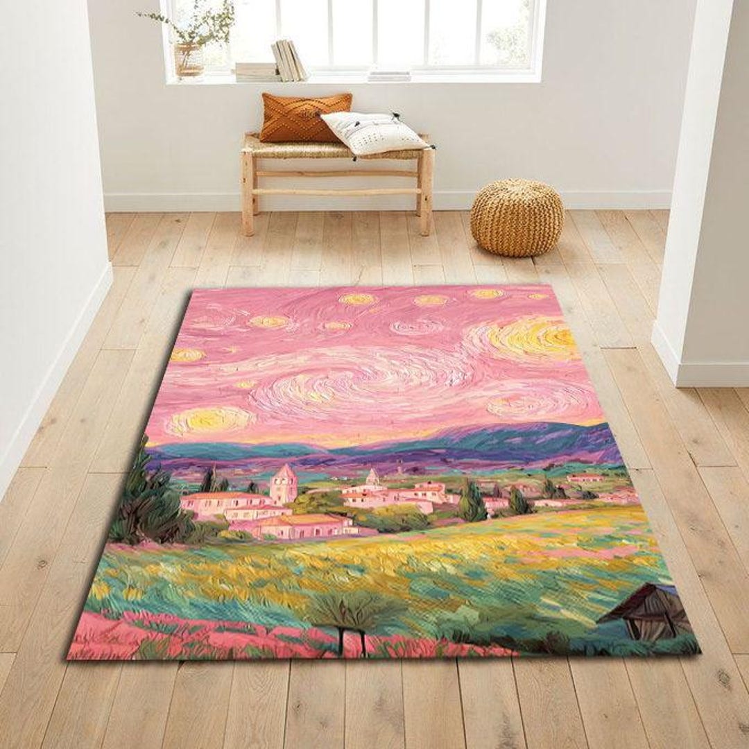 Dreamy Area Rug Impressionist Landscape Rug, Starry Swirl Sky Carpet, Dreamy Village ...