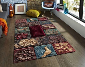 Vintage Botanical Relief Rug, Boho Luxury Floral Carpet, Dark Academia Nature Pattern Area Rug Decor