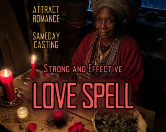 Puede incluir: Imagen de una mujer con un pañuelo en la cabeza y una blusa roja, con texto que dice "ATTRACT ROMANCE", "SAMEDAY CASTING", "STRONG AND EFFECTIVE LOVE SPELL" y "DONE BY MOTHERODESSA". Velas y pétalos de rosa sobre una mesa de madera.