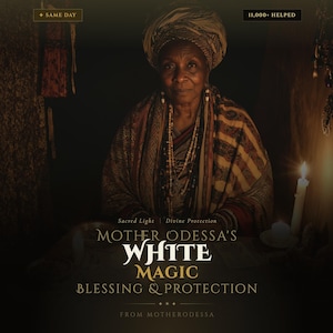 Pode incluir: Uma mulher idosa usando um lenço na cabeça e um xale estampado. A imagem apresenta o texto "White Magic Blessing & Protection de Mother Odessa" e "Sacred Light | Divine Protection."