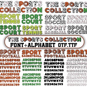 Könnte beinhalten: Ein Grafikdesign mit Sport-Themen-Schriften und -Alphabeten. Der Text enthält "The Sports Collection", "Font + Alphabet OTF.TTF" und Sportarten wie Fußball, Basketball, Tennis und Fußball. Die Schriftarten sind in verschiedenen Farben.