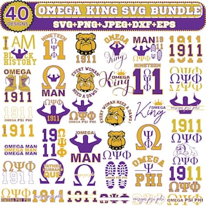 Può includere: Un pacchetto di design digitale con 40 design SVG in viola, oro e bianco. I design includono testo e grafica relativi alla confraternita Omega Psi Phi, tra cui le parole "Omega King", "1911" e illustrazioni di bulldog.