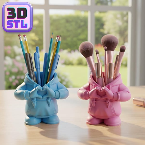 Hoodie Character Pen & Makeup Brush Holder STL | 3D Printable Desk Organizer (Digital Download)