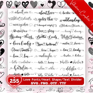 Op de afbeelding: Een verzameling van 255 liefdeslettertypen en hartvormen in zwart, met de tekst "Valentine's Complete Pack" op een rode banner. Bevat verschillende letterstijlen en hartillustraties voor creatieve projecten.