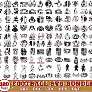 以下が含まれることがあります： 白黒のフットボールをテーマにした120個のSVGデザインのコレクション。デザインには、フットボール選手、ヘルメット、フットボール、および「DAD」や「MOM」などのテキスト要素が含まれています。SVG、PNG、JPG、EPS、DXF形式で利用できます。