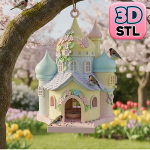 May include: A pastel-colored birdhouse shaped like a castle, with a yellow roof and light blue turrets. The birdhouse is decorated with flowers and butterflies. The text "3D STL" is in a pink square in the upper right corner. Several birds perch on the birdhouse and nearby tree branches.