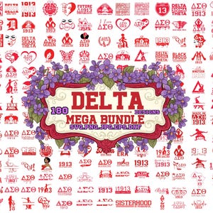 May include: A collection of 180 Delta Sigma Theta designs in red and white, including logos, symbols, and text elements. The designs are arranged on a white background, with a decorative frame and purple floral accents. The text "DELTA DESIGNS" and "MEGA BUNDLE" are prominent.