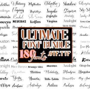 May include: A black and brown graphic with the text "ULTIMATE FONT BUNDLE" and "180 fonts" in a variety of font styles. The image displays numerous font examples in black script.
