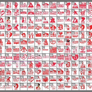 May include: A collection of 180 red and white graphic designs, featuring various symbols, Greek letters, and the number 1913, likely for sorority or fraternity merchandise. Designs include hearts, silhouettes, and stylized figures.