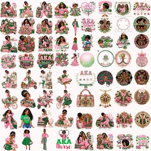Könnte beinhalten: Eine Sammlung digitaler Illustrationen mit Motiven der Alpha Kappa Alpha Sorority, darunter verschiedene Figuren in rosa und grüner Kleidung, Blumenmotive, Kronen, Handtaschen und Texte wie AKA, Pretty and Proud sowie AKA Nurse.