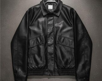 Giacca in pelle mista nera contemporanea fatta a mano, vestibilità regolare