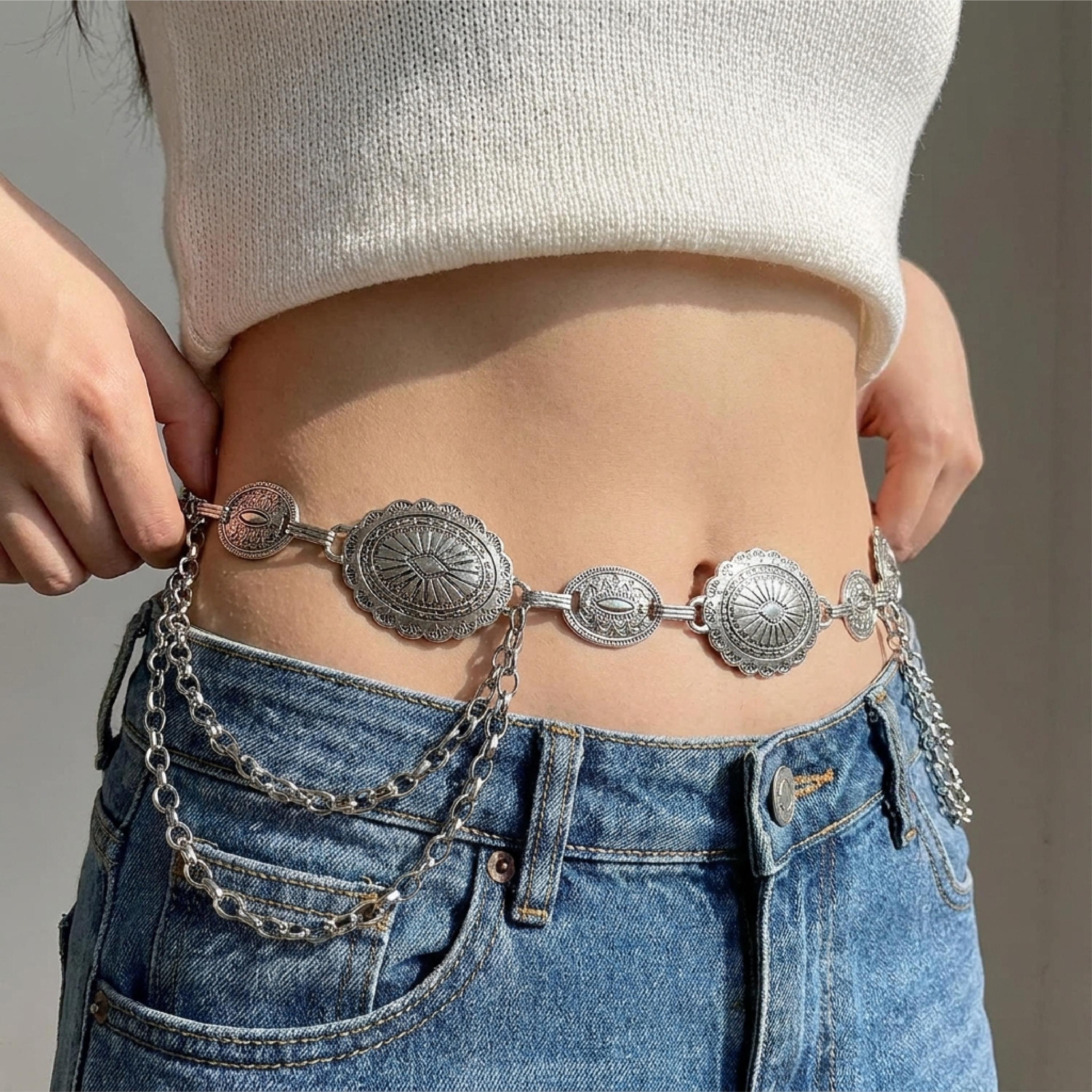 Turquoise Western Concho Chain Belt for Women | Adjustable Boho Cowgirl Body turquoise-square-concho-chain-  main image 3