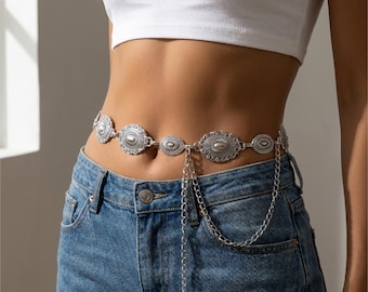 Turquoise Western Concho Belt, Silver Boho Chain Belt for Women, Vintage Cowgirl Waist Chain, Southwestern Jewelry Belt for Dresses & Jeans