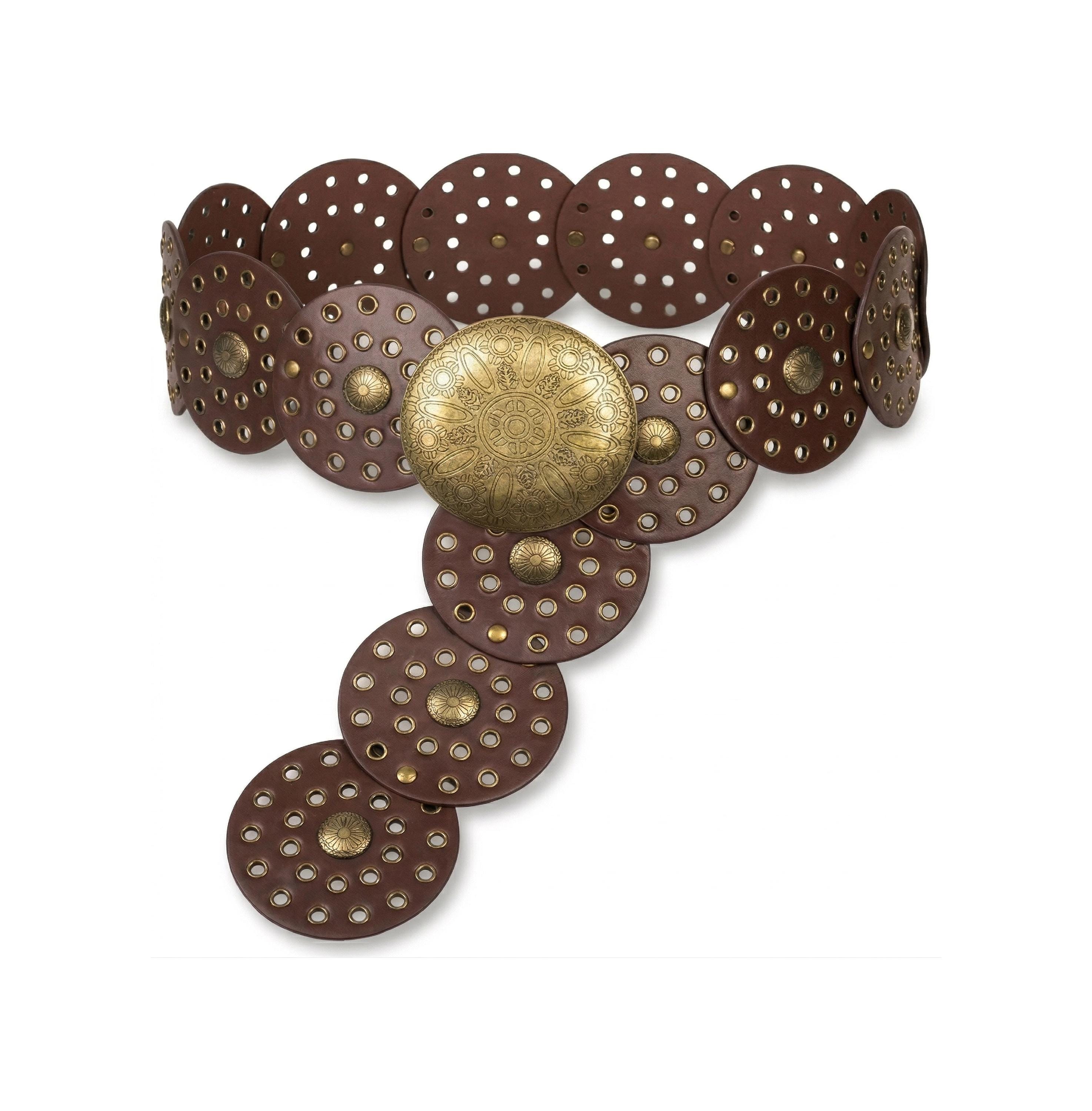 Wide Vintage Concho Belt, Boho Western PU Leather Disc 