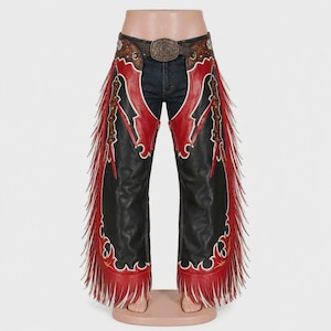 Tooling Leather Chaps – Leather Chaps Red Black Fringe, Ornamental Tooled Western Rodeo Pattern