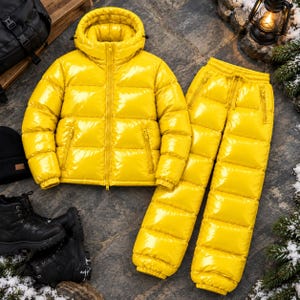 Puede incluir: Un conjunto de chaqueta acolchada de color amarillo brillante con capucha y pantalones a juego de cintura alta. Ambas piezas presentan un acabado brillante resistente al agua, costuras horizontales acolchadas y bolsillos con cremallera.