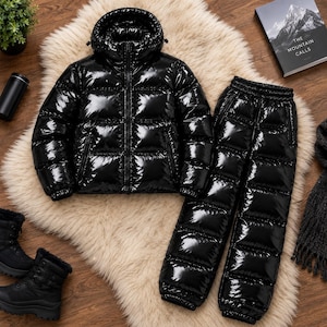 Puede incluir: Una chaqueta acolchada negra brillante con capucha y pantalones acolchados a juego. La chaqueta cuenta con una cremallera frontal completa, mangas largas con puños elásticos y dos bolsillos laterales. Los pantalones tienen una cintura elástica.