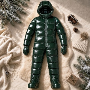 Può includere: Una tuta da neve trapuntata color verde scuro ad alta lucentezza, dotata di cappuccio, maniche lunghe e guanti integrati. Il capo presenta una chiusura con zip frontale a tutta lunghezza, una struttura imbottita e una finitura esterna liscia e riflettente.