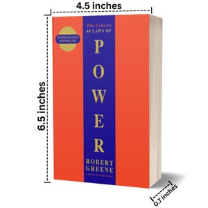 May include: A hardcover book titled "The Concise 48 Laws of Power" by Robert Greene. The book has a red cover with a blue vertical stripe down the center. The book is 6.5 inches tall, 4.5 inches wide, and 0.7 inches thick.
