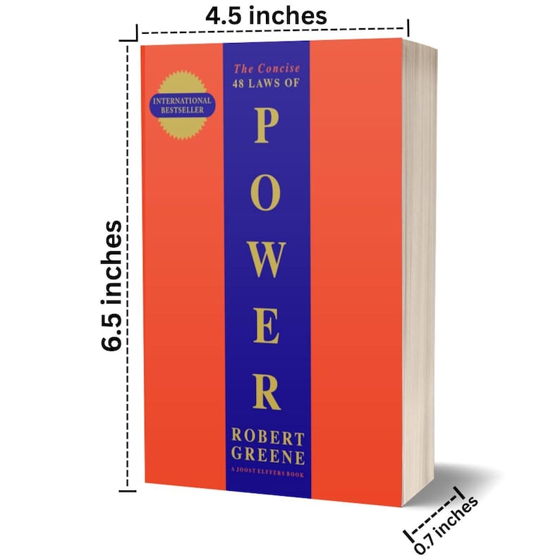 May include: A hardcover book titled "The Concise 48 Laws of Power" by Robert Greene. The book has a red cover with a blue vertical stripe down the center. The book is 6.5 inches tall, 4.5 inches wide, and 0.7 inches thick.