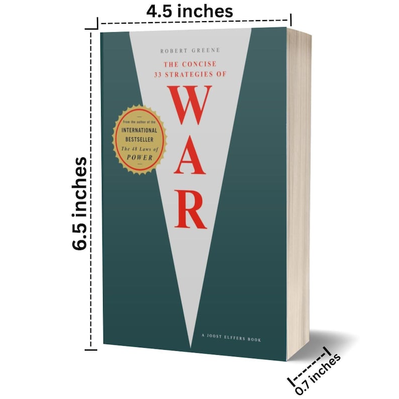 May include: A hardcover book titled "The Concise 33 Strategies of War" by Robert Greene. The book is 6.5 inches tall, 4.5 inches wide, and 0.7 inches thick. The cover is teal with a white triangle and the word "WAR" in large red letters.