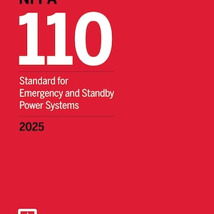 Puede incluir: Fondo rojo con texto blanco: «NFPA 110 Standard for Emergency and Standby Power Systems 2025». El logotipo de NFPA está en la esquina inferior izquierda.