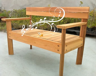 Musical Garden Bench, marimba cedar bench, musical garden bench, educational park bench